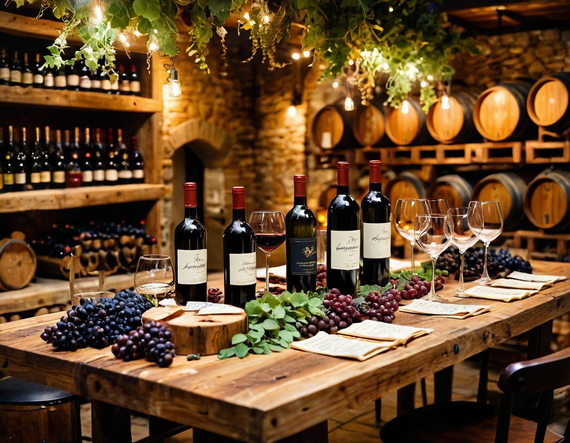 A cozy, elegantly set wine tasting table adorned with a variety of wine bottles and glasses, surrounded by lush grapevines and twinkling fairy lights. In the background, a rustic wine cellar can be glimpsed, filled with wooden barrels. A pair of hands carefully examining a wine label, with aromatic herbs and cheese on the side, adding to the sensory experience. The ambiance should feel warm and inviting to evoke the passion of wine lovers. super-realistic. vibrant colors. warm glow.