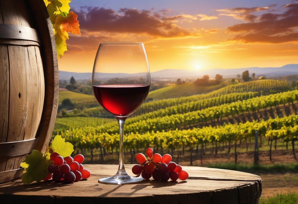 A picturesque vineyard landscape with lush grapevines under a golden sunset, transitioning into a wine glass filled with rich red wine, reflecting the captivating colors of the vineyard. Include wine tasting notes and a rustic wooden barrel in the foreground to enhance the wine theme. The overall composition should evoke a sense of warmth and richness, inviting wine enthusiasts to explore further. super-realistic. vibrant colors. warm tones.