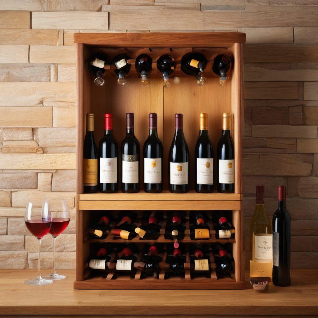 A beautifully arranged wooden wine rack filled with an assortment of wine bottles, featuring a smartphone displaying a wine app interface. Surrounding the rack are wine glasses, a corkscrew, and cheese, creating an inviting atmosphere. Soft ambient lighting highlights the warm colors of the wood and wine labels. The backdrop showcases a cozy cellar environment. super-realistic. vibrant colors.